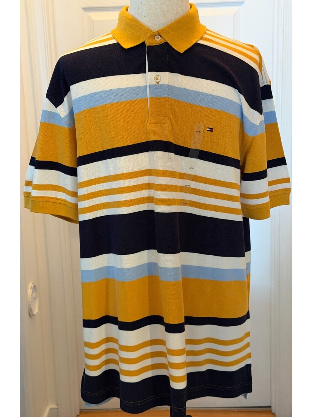 Tommy Hilfiger Men Striped Polo Shirt XL NWT Mustard Gold Navy Blue Short Sleeve